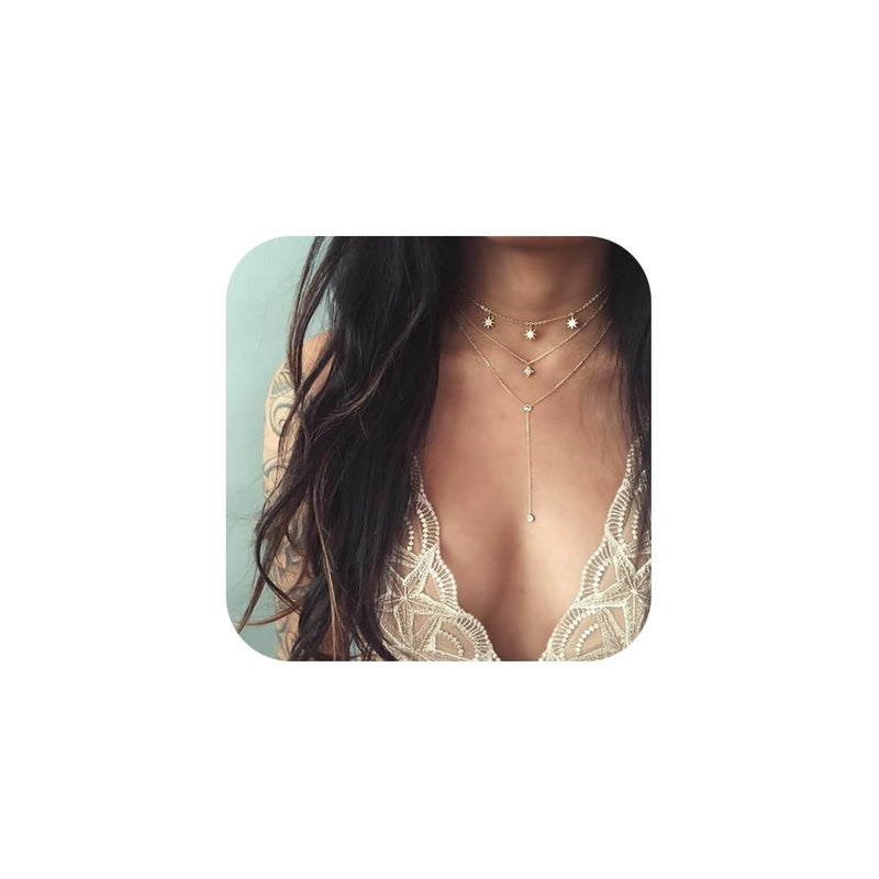 Jovono Boho Choker Necklaces Layered Star Pendant Necklace Chain Rhinestone Necklace Chain Jewelry for Women(Set A) - Image 1